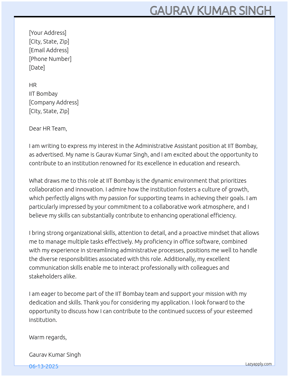 Administrative assistant At IIT BOMBAY  Cover Letter