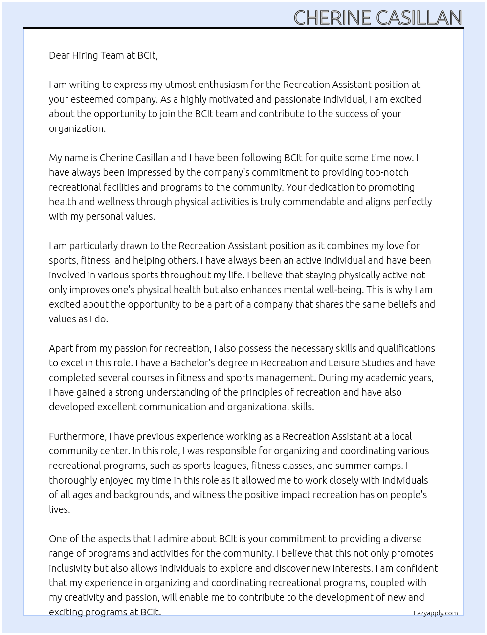 Recreation Assistant  At BCIt Cover Letter