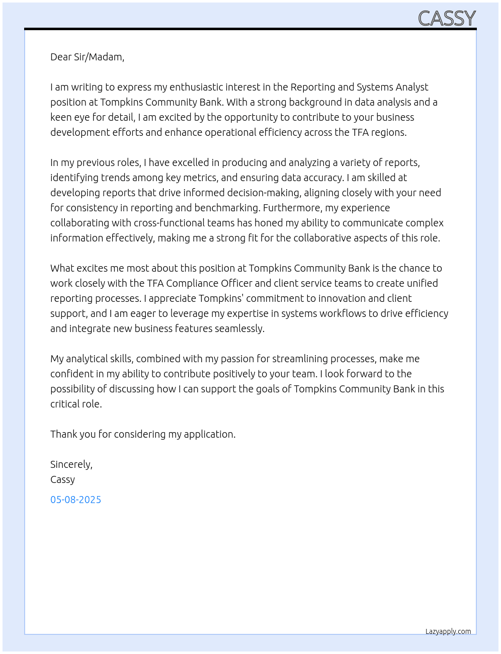 Reportin and Systems Analyst At Tompkins Community Bank Cover Letter