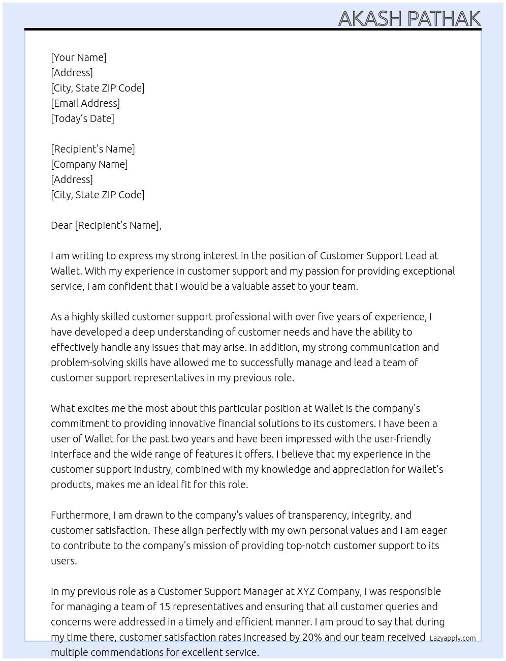 Customer Support Lead  At Wallet Cover Letter