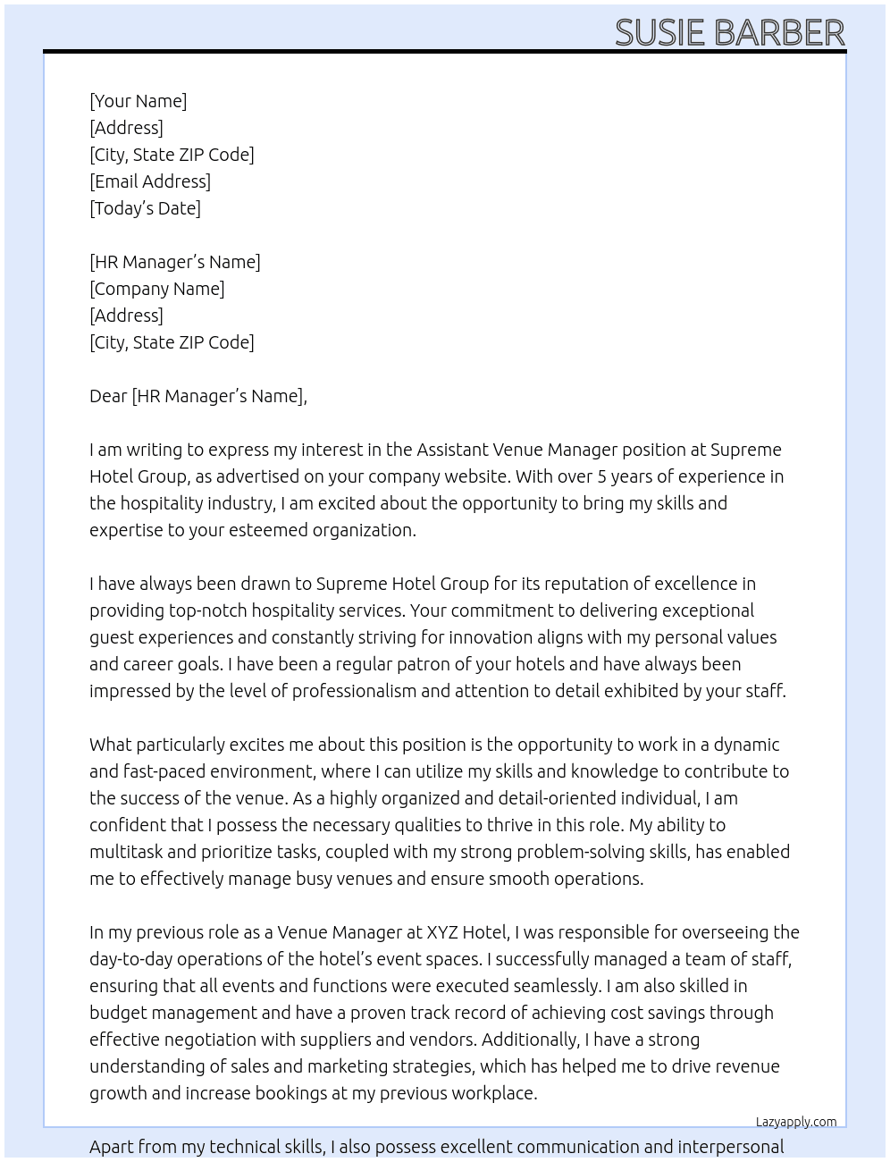 Cover letter for assistant venue manager - LazyApply