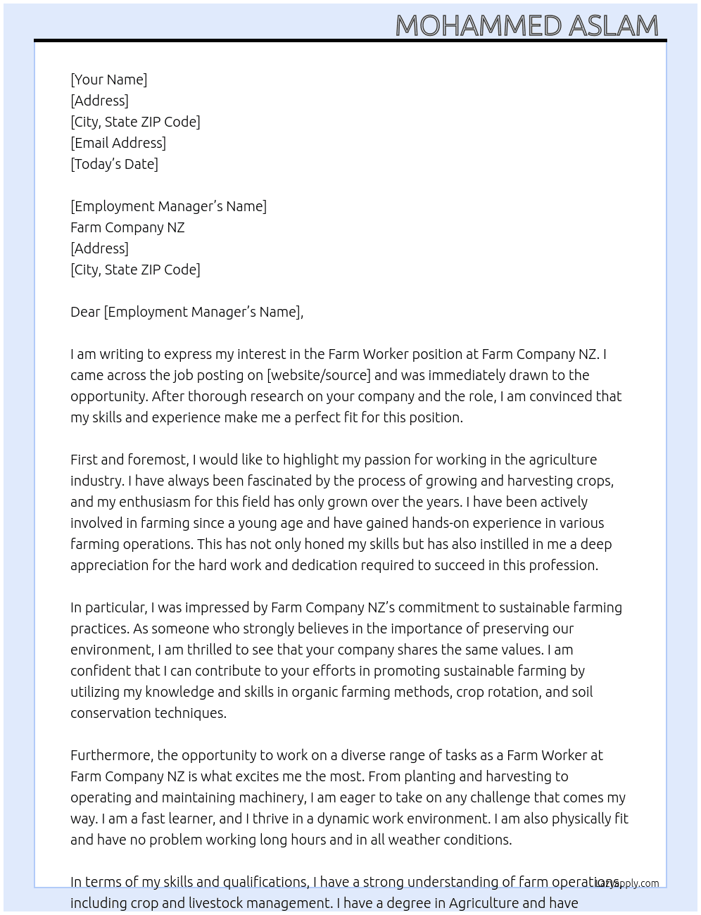 Farm Worker  At Farm  Comapny NZ  Cover Letter