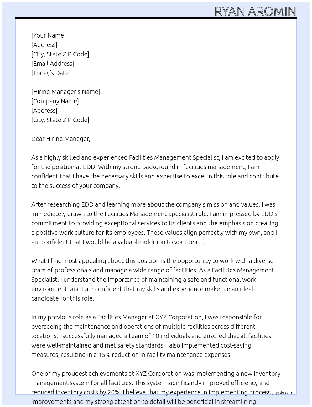 Facilities Management Specialist At EDD Cover Letter