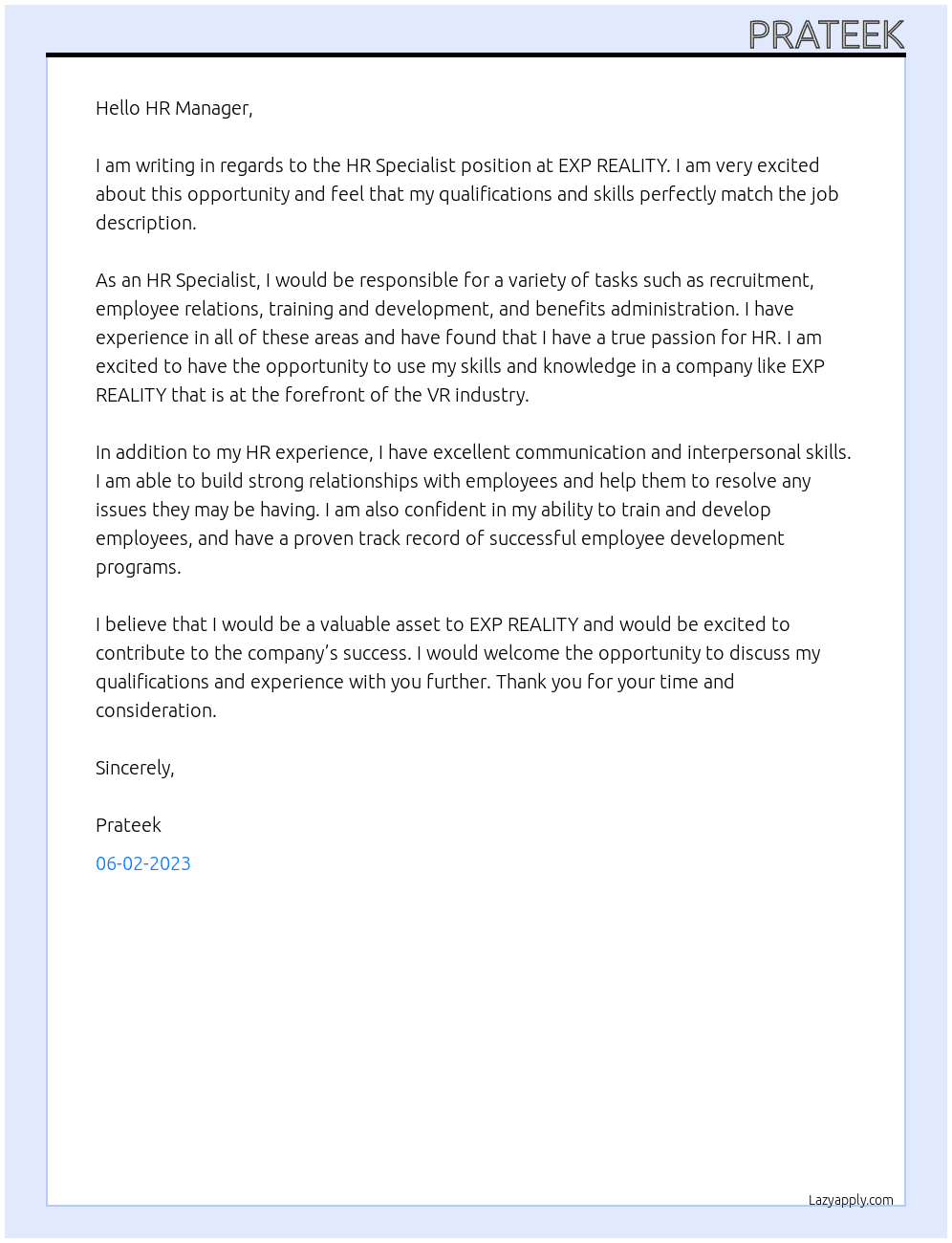 HR specialist  At EXP REALITY Cover Letter