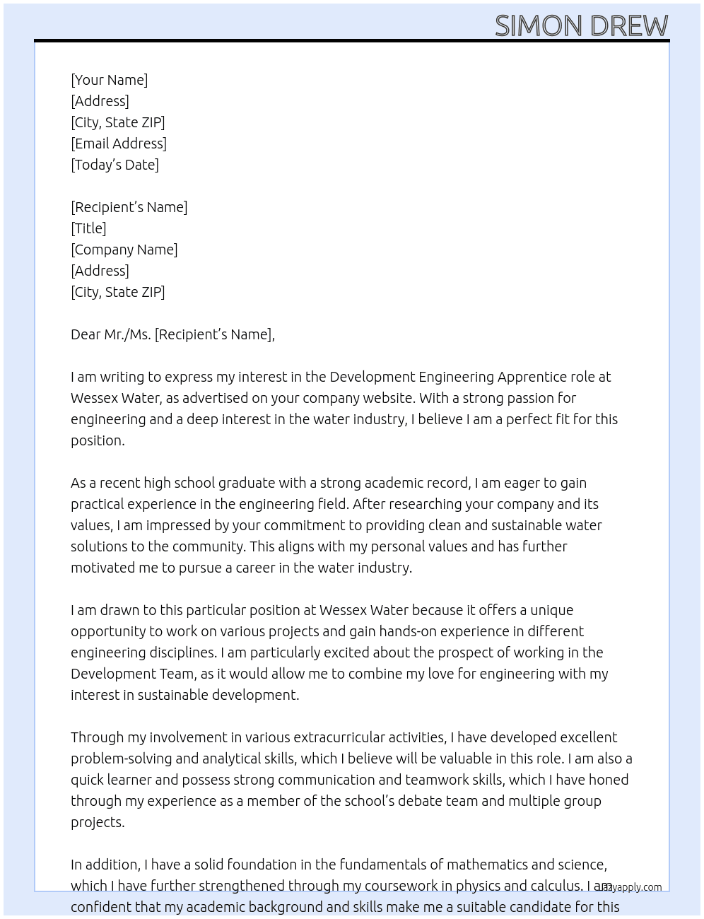 Cover letter for development engineering apprentice - LazyApply