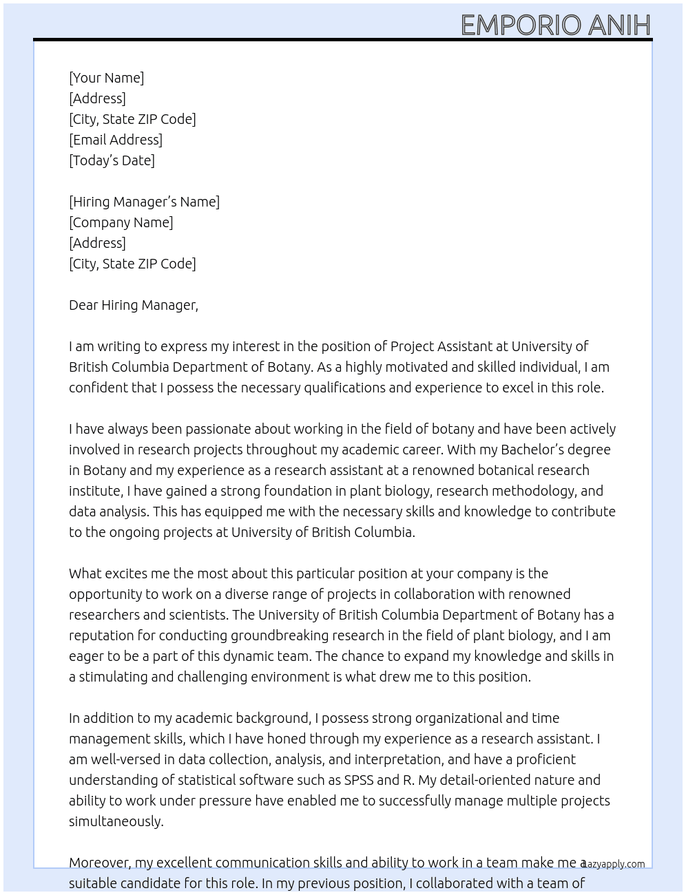 Project Assistant At University of British Columbia Department of Botany Cover Letter