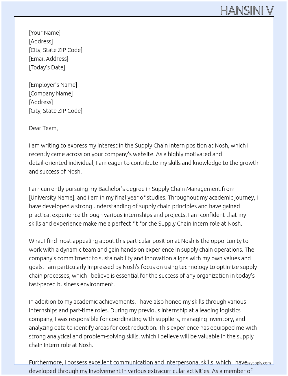 Supply chain intern At Nosh Cover Letter