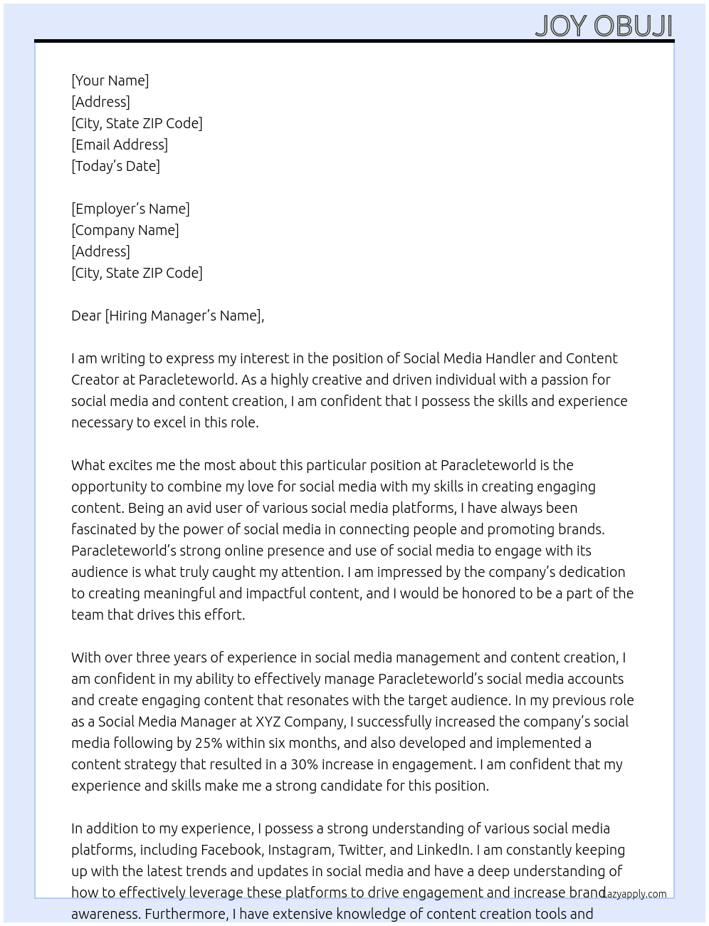 Social Media Handler and Content Creator  At Paracleteworld  Cover Letter