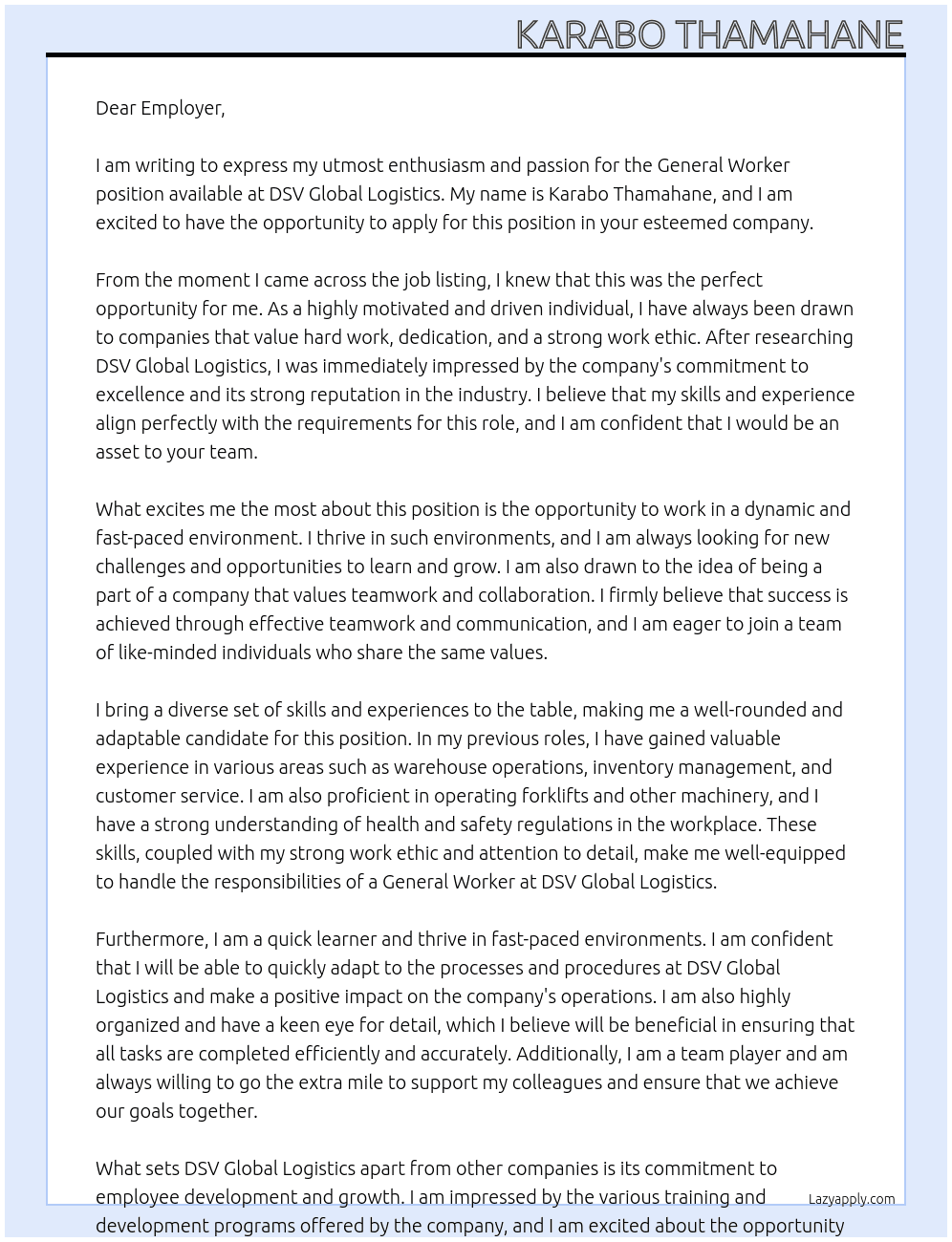 General worker At DSV Global Logistics Cover Letter