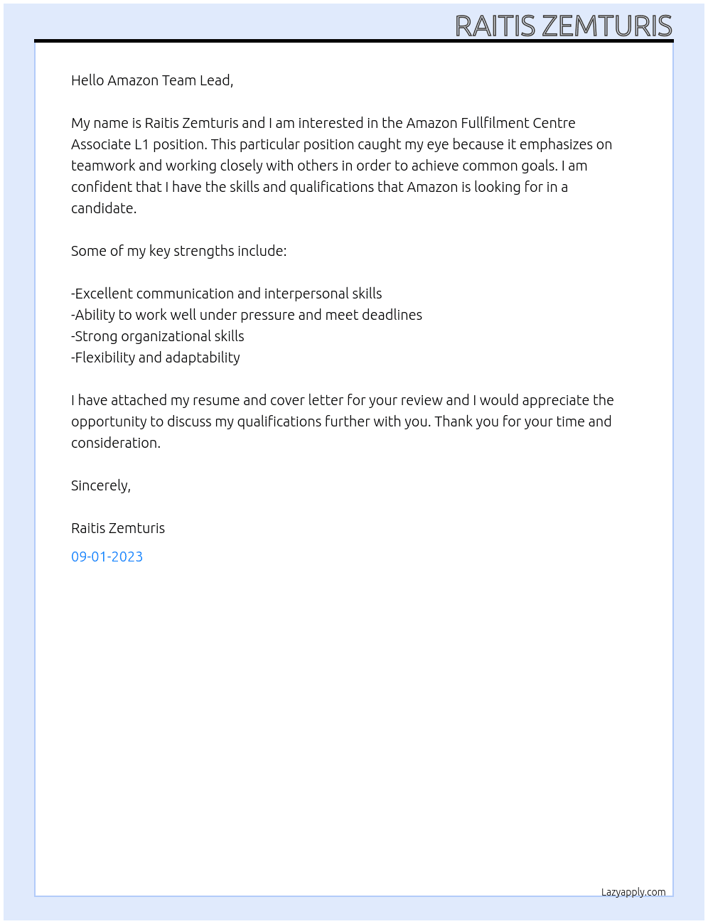 Amazon Fullfilment Centre Associate L1 At Amazon Team Lead Cover Letter