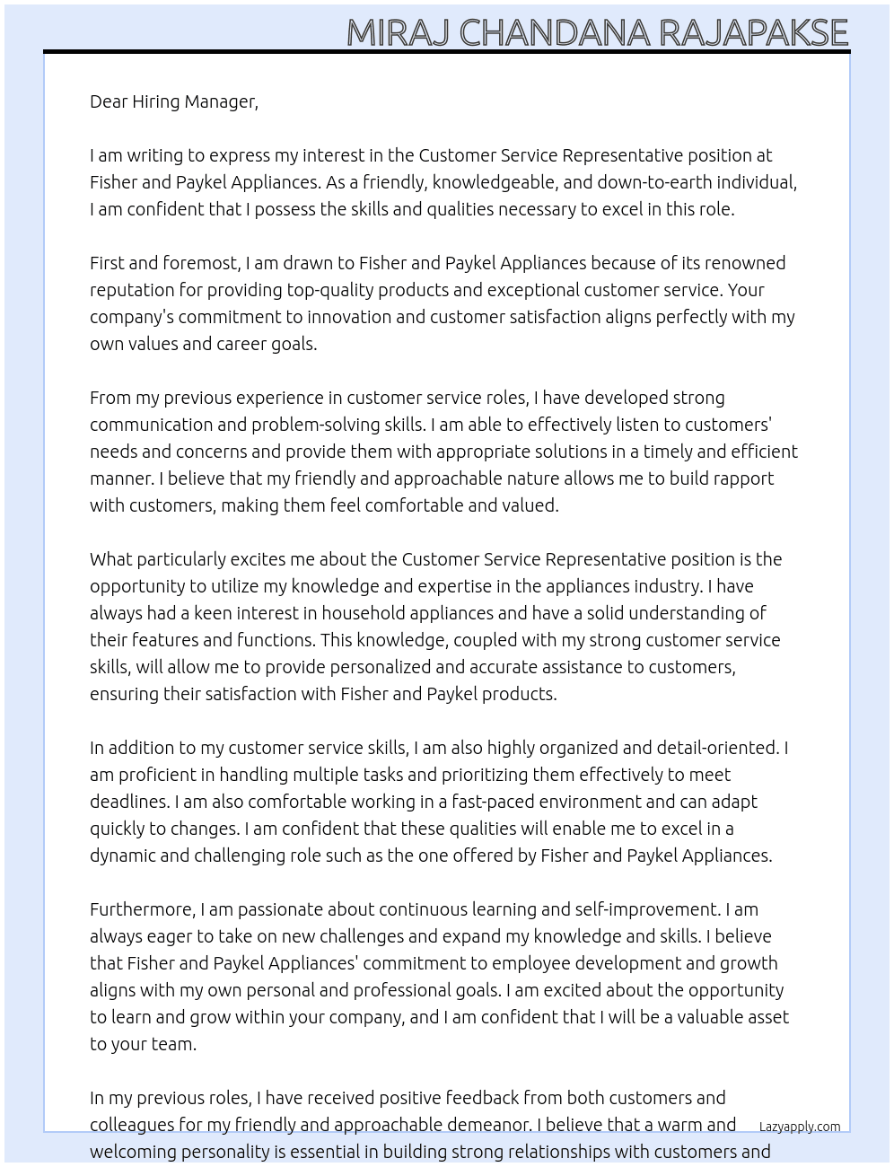 Customer Service Representative At Fisher and Paykel Appliances Cover Letter