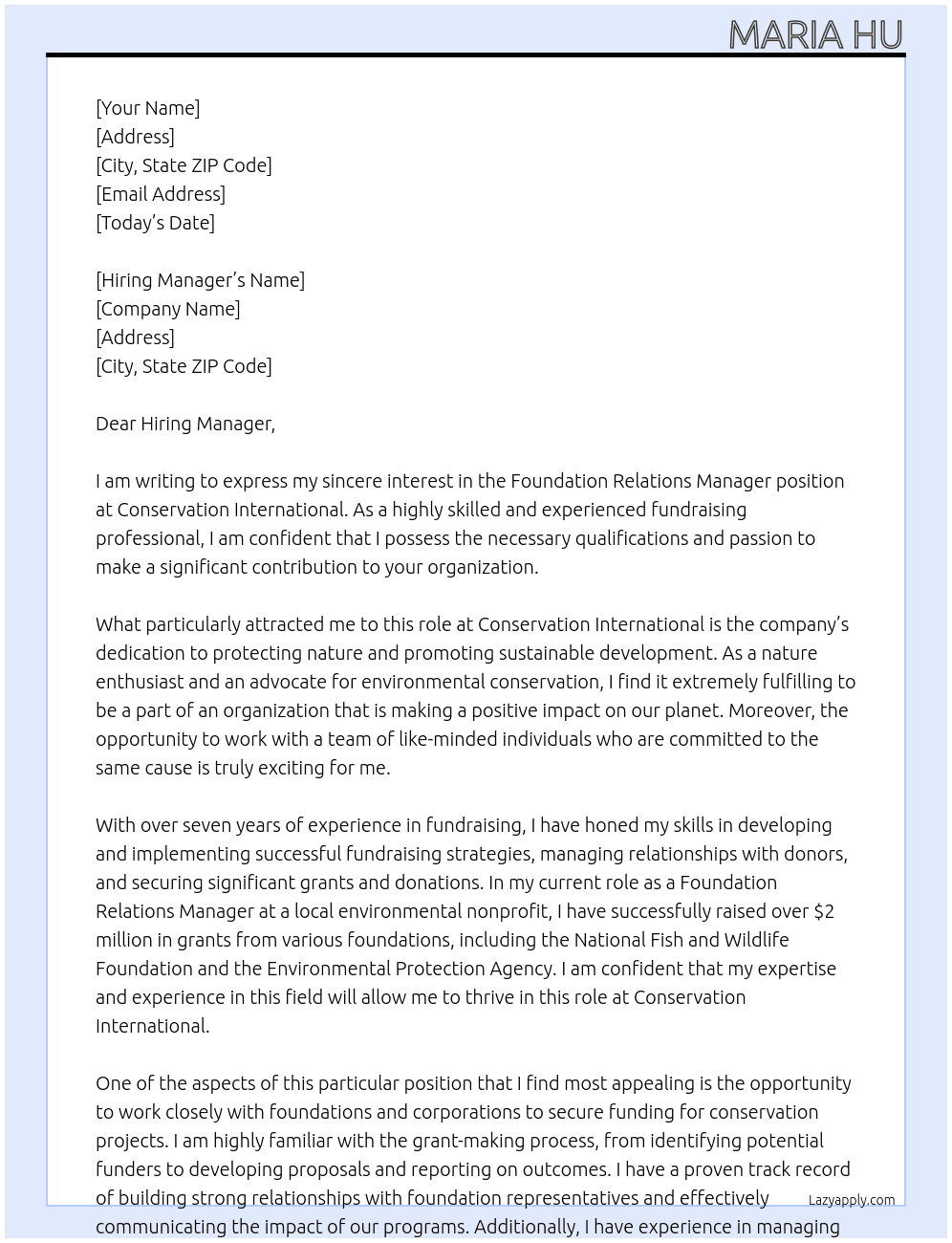 Foundation Relations Manager At Conservation International  Cover Letter