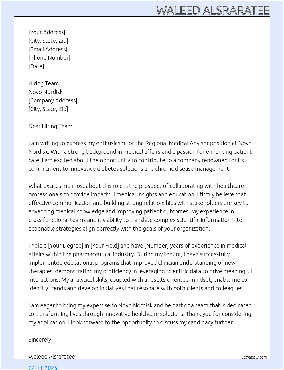 Regional Medical Advisor At Novo Nordisk Cover Letter