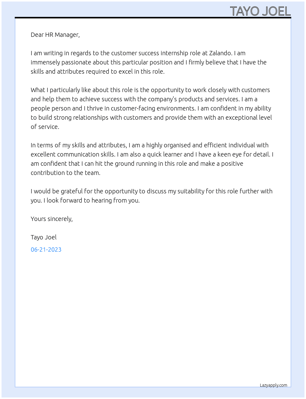 customer success At Zalando Cover Letter