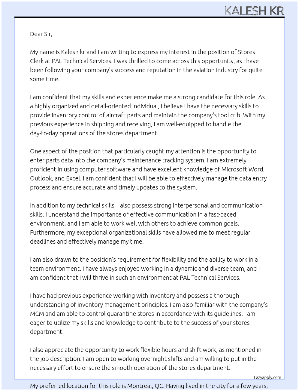 Stores Clerks At PAL Technical Services Cover Letter