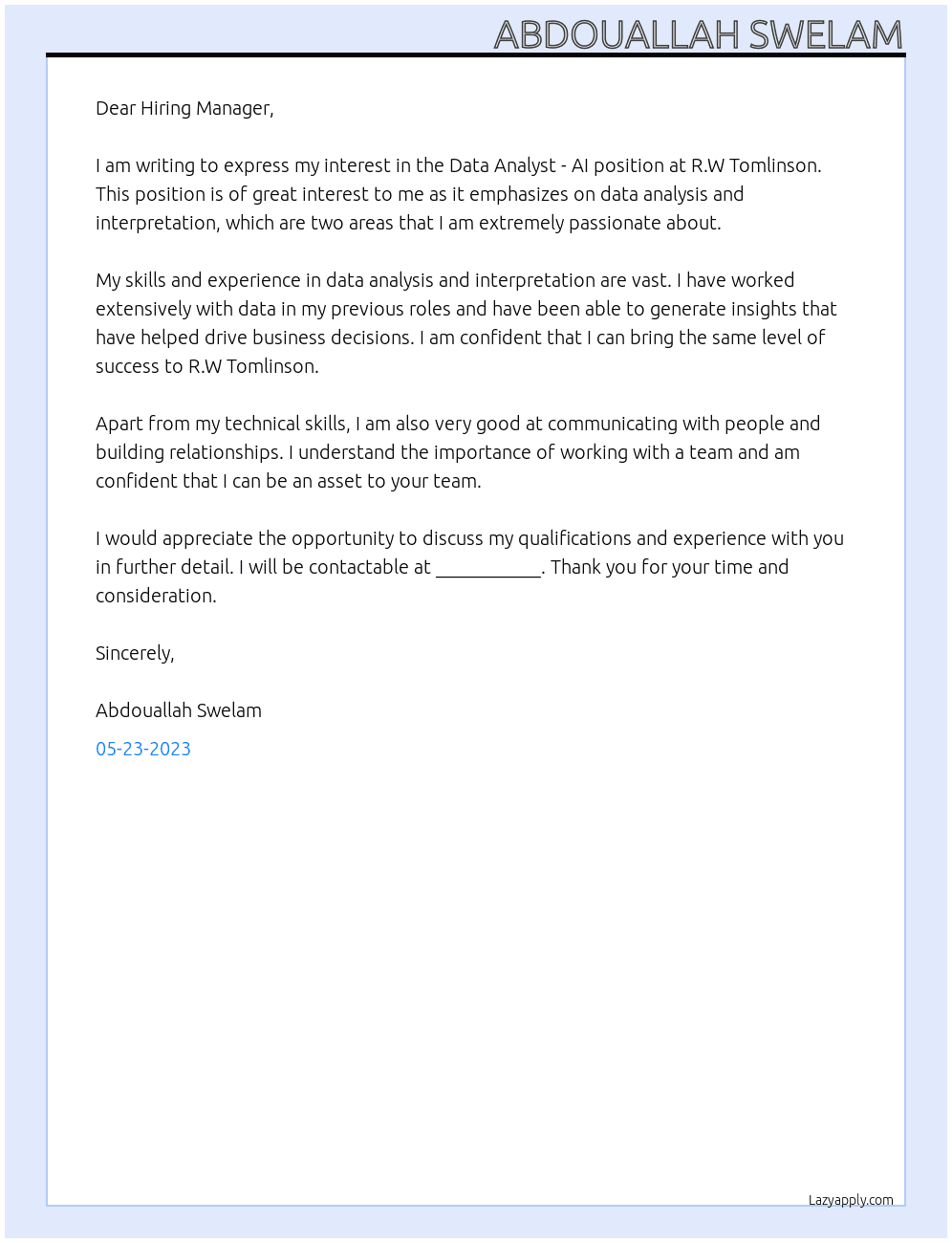 Data Analyst - AI At R.W Tomlinson Cover Letter