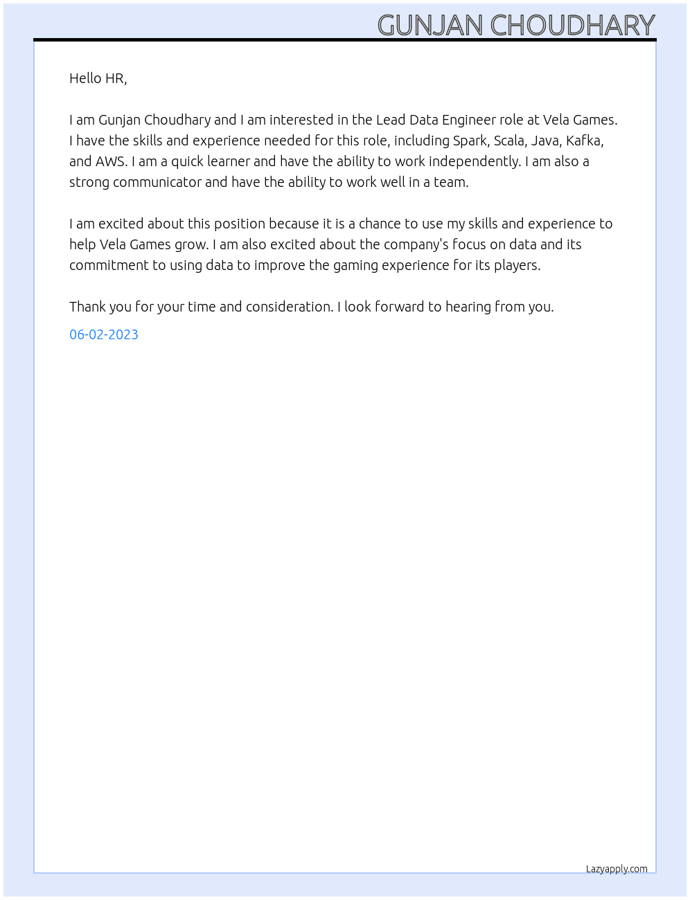 Lead data engineer  At Vela Games Cover Letter