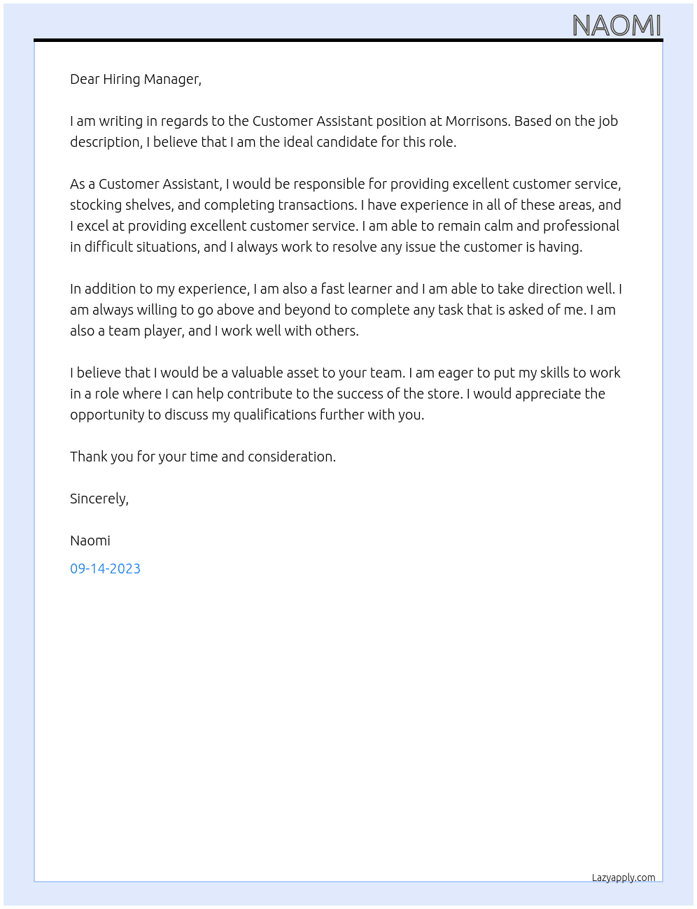 Customer Assistant At Morrisons Cover Letter