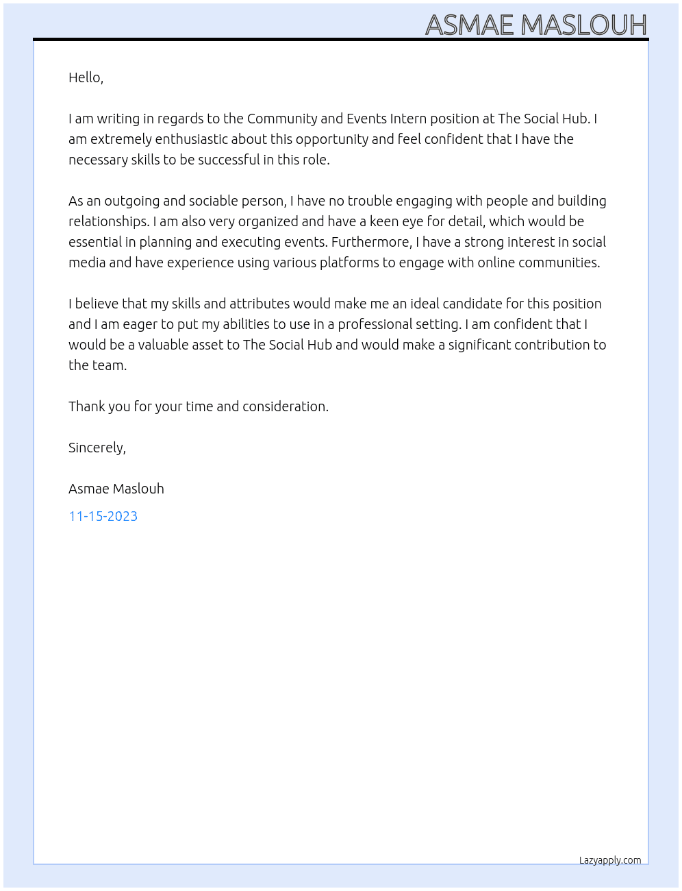 Community and events intern At The social hub Cover Letter