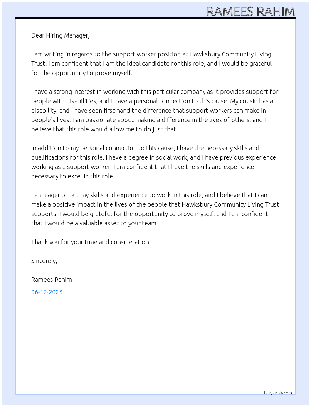 support worker At Hawksbury Community Living Trust Cover Letter