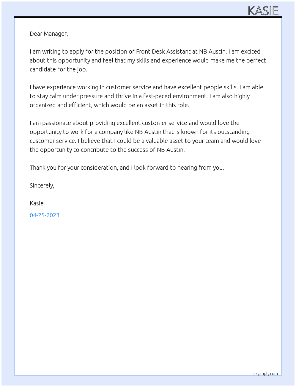 Front desk assistant  At NB Austin Cover Letter