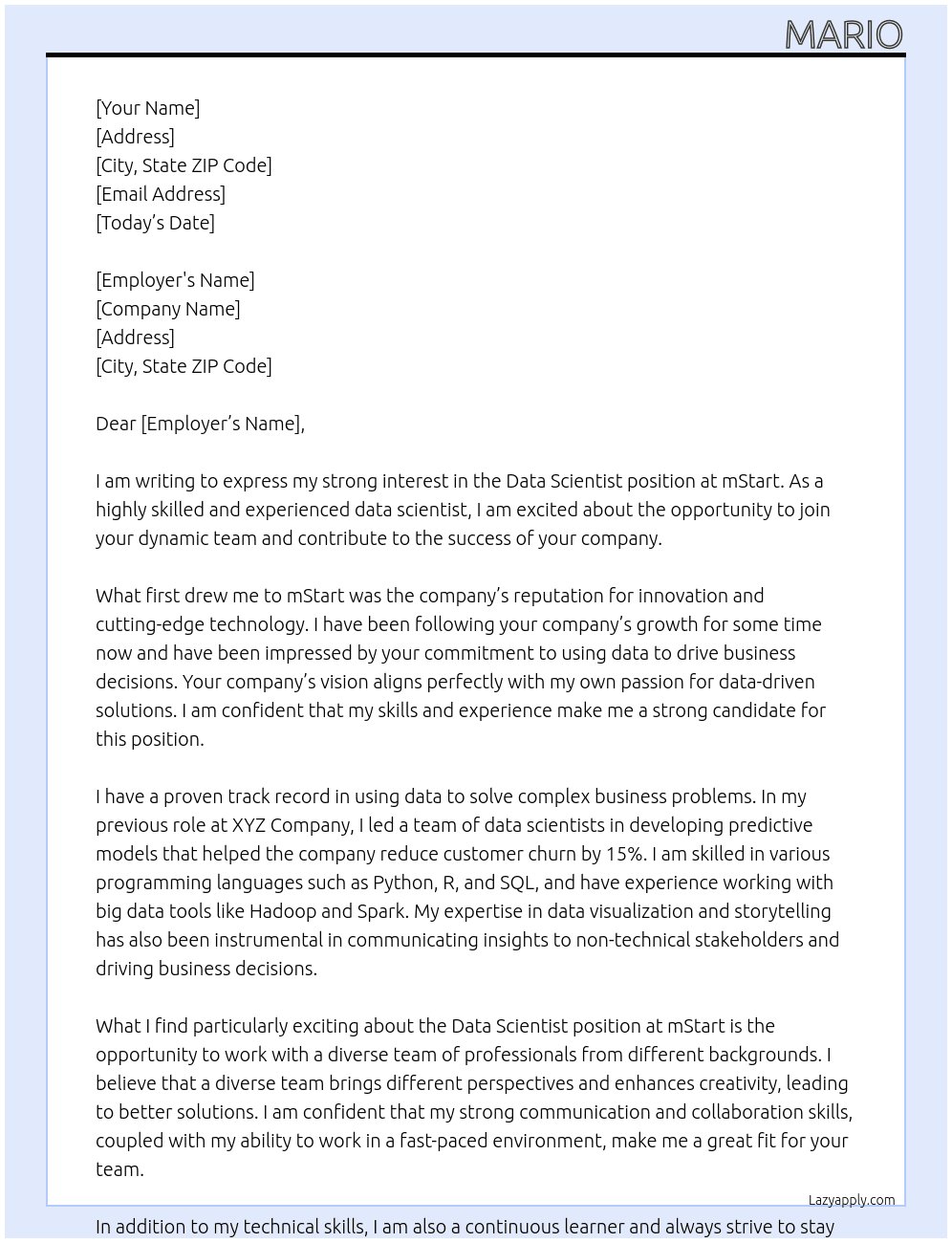 Data Scientist At mStart Cover Letter