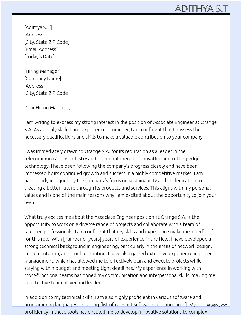 Associate Engineer  At Orange S.A. Cover Letter