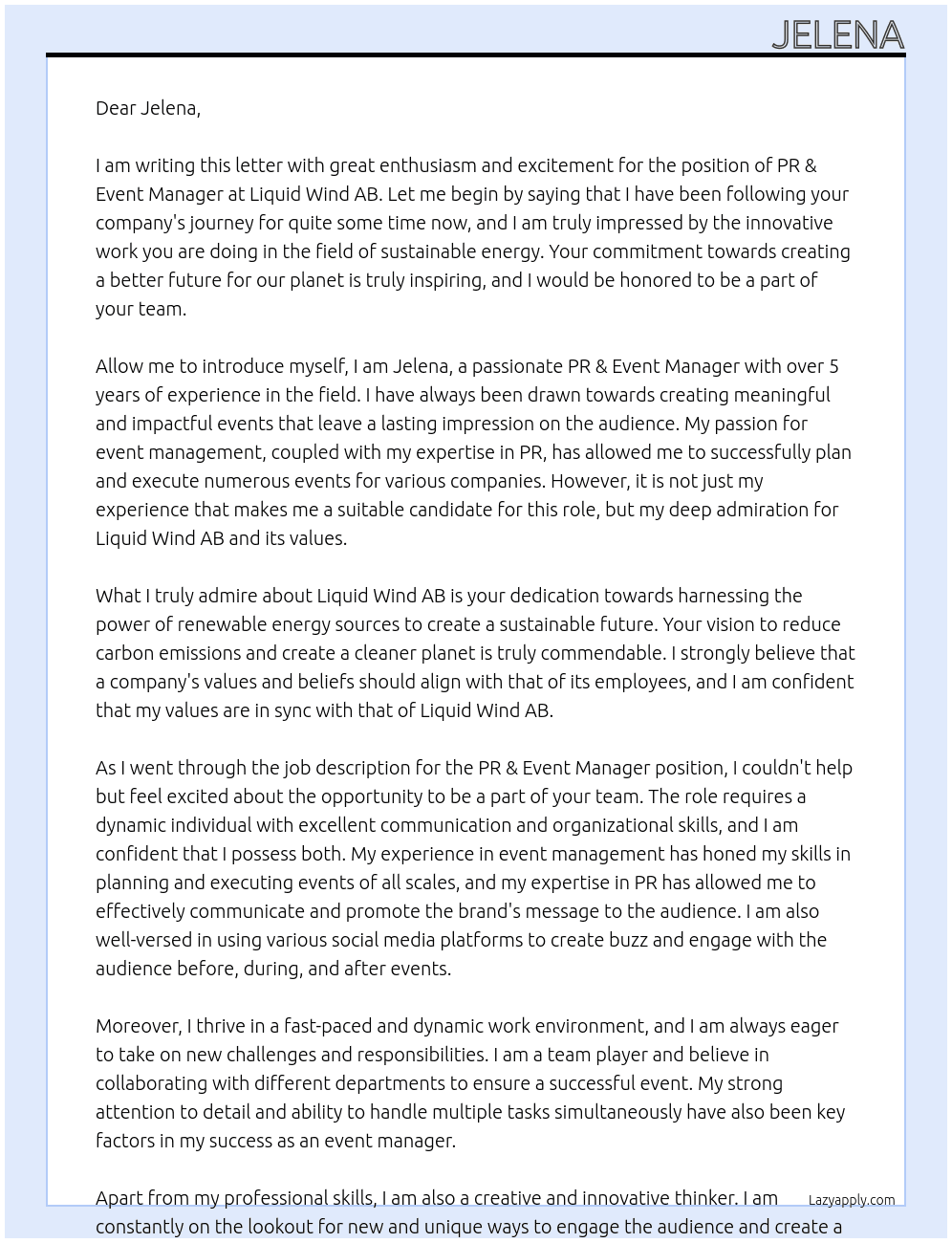 PR ˛& EVENT MANAGER At Liquid Wind AB Cover Letter