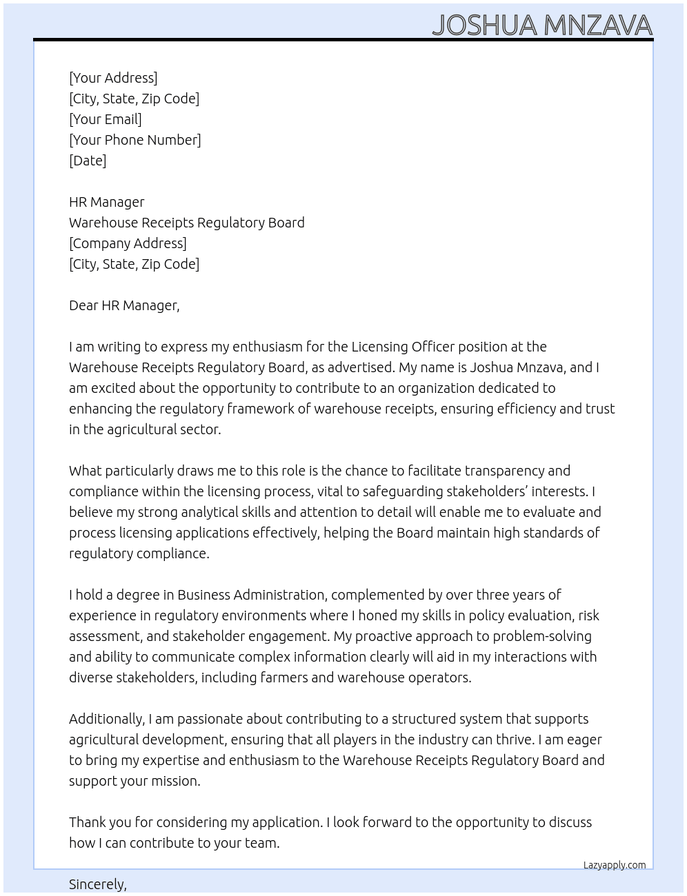 Cover letter for licensing officer - LazyApply