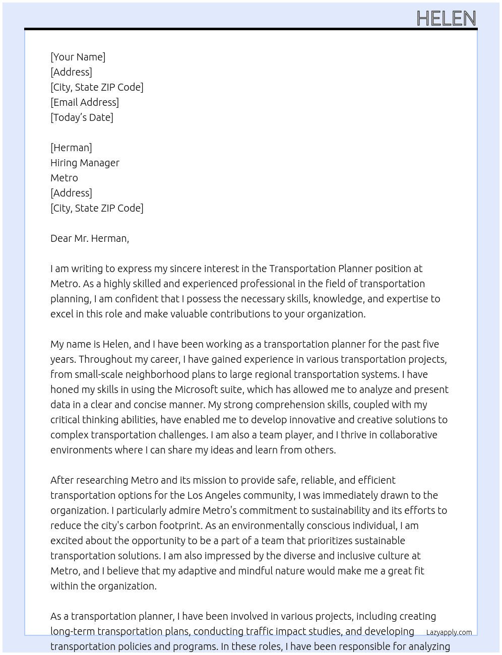Transportation Planner At Metro Cover Letter