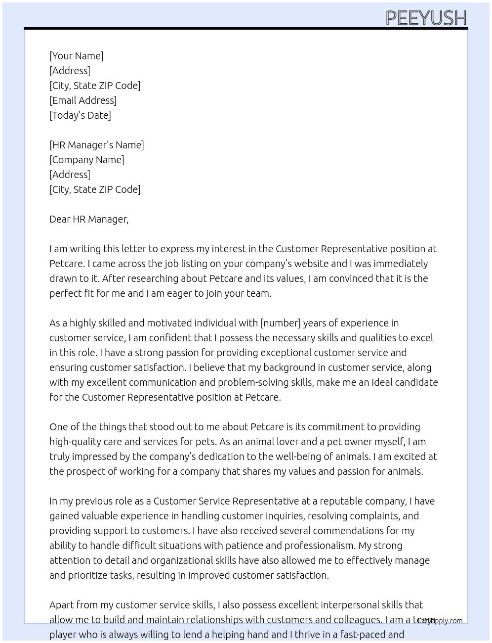 customer representative At Petcare Cover Letter