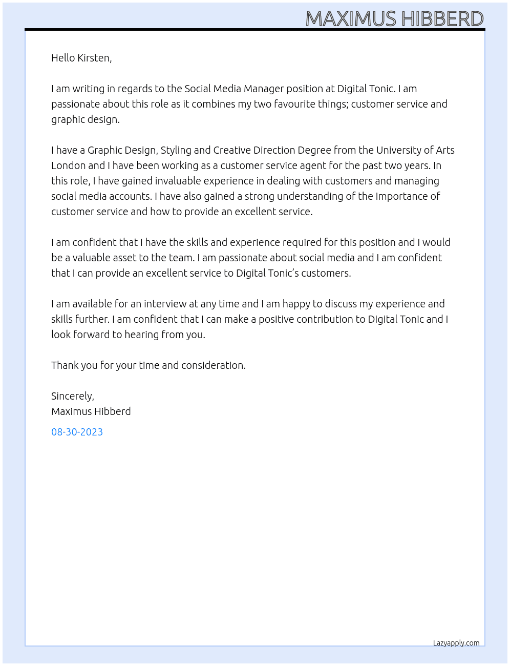 Social Media Manager At Digital Tonic Cover Letter