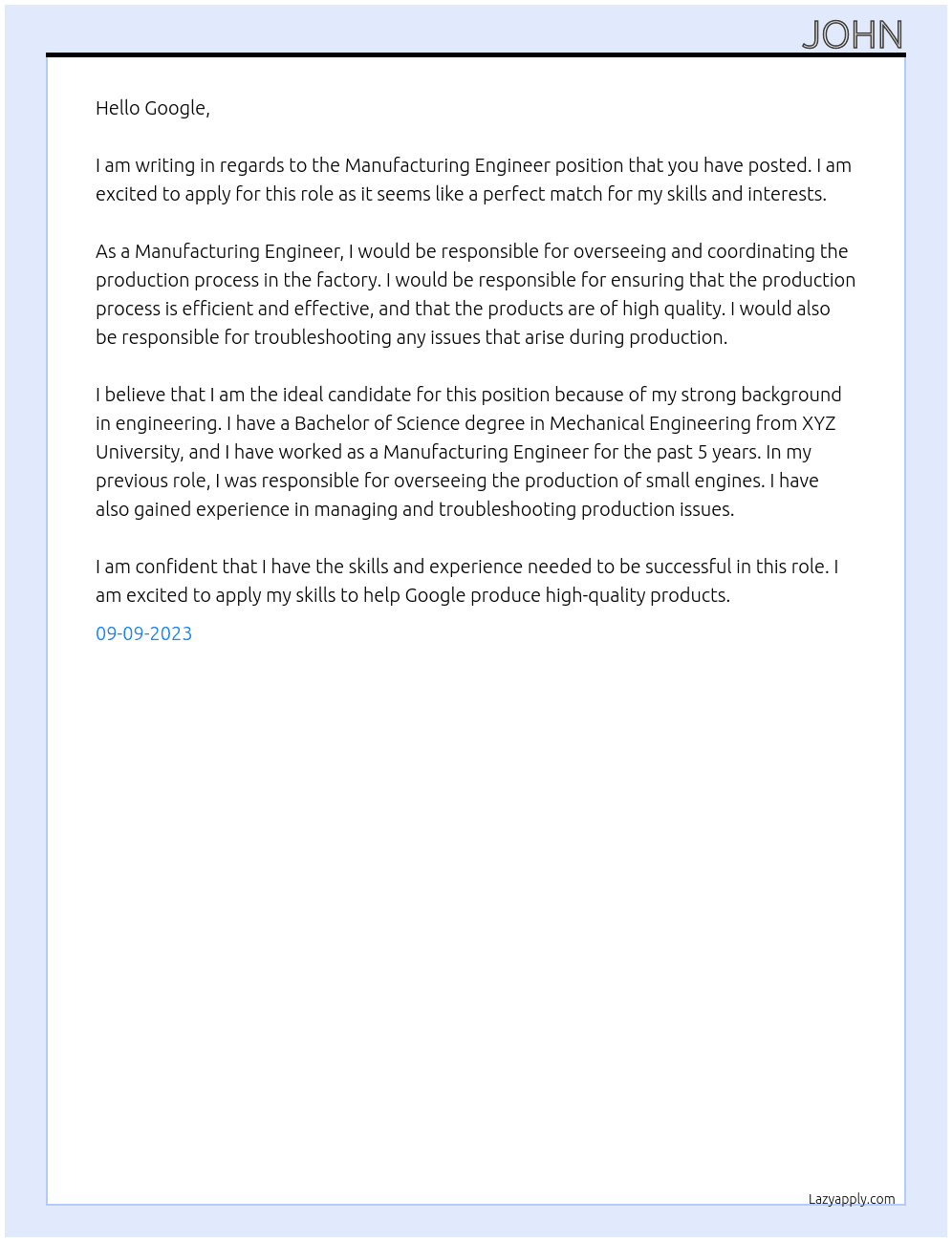Manufacturing Engineer At Google Cover Letter