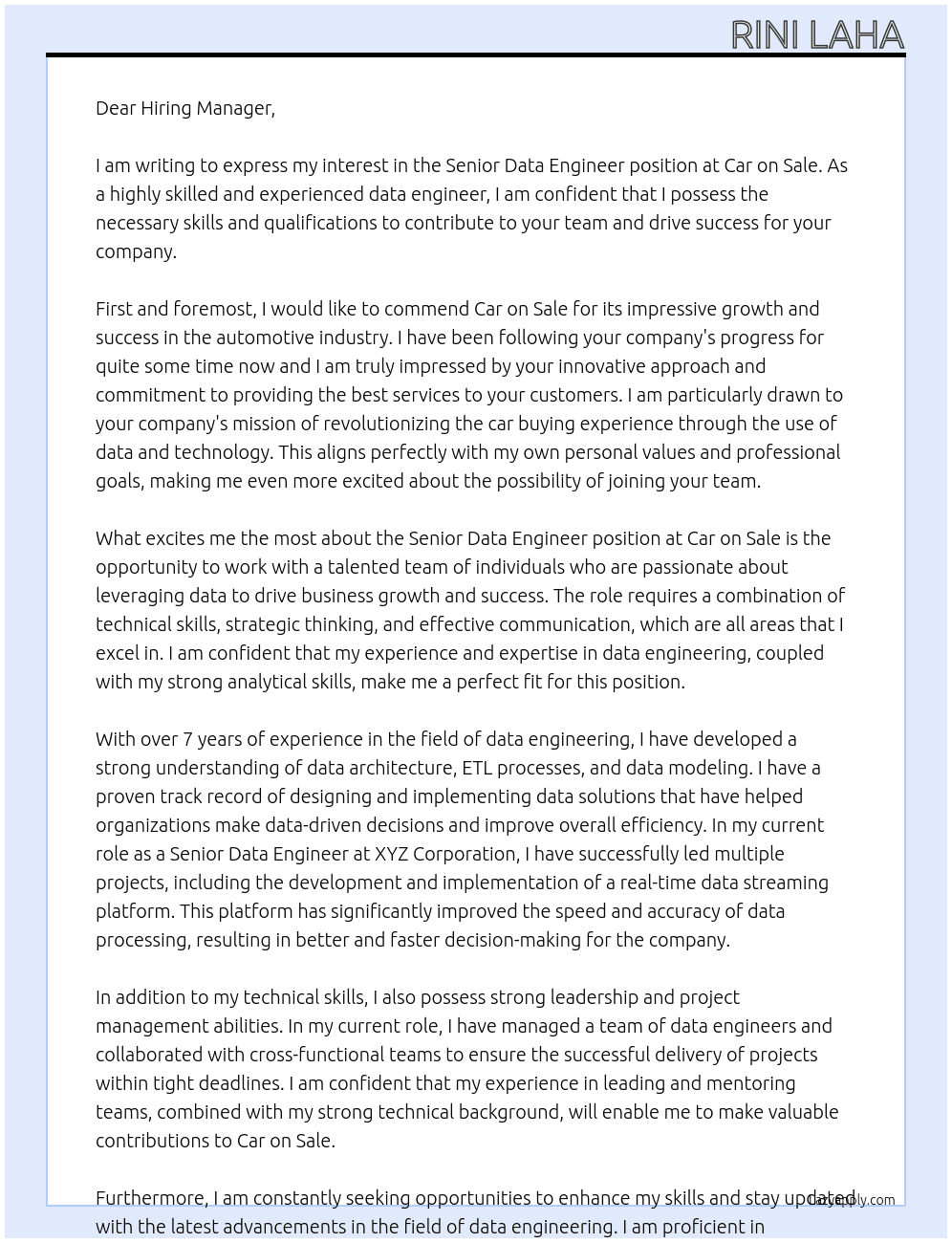 Senior Data engineer At Car on Sale Cover Letter
