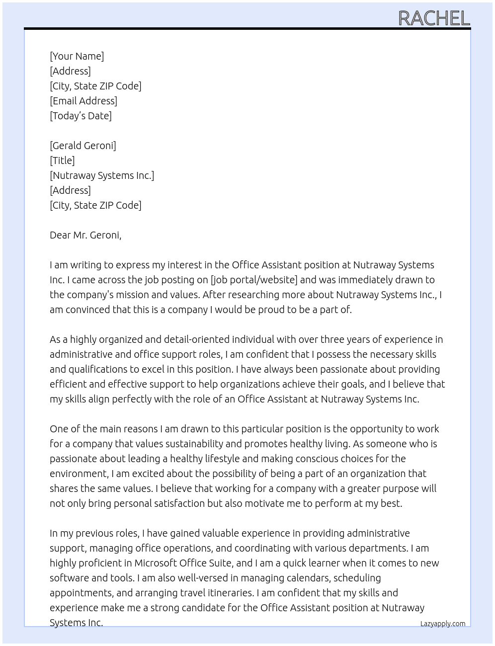 office assistant At Nutraway Systems Inc.  Cover Letter