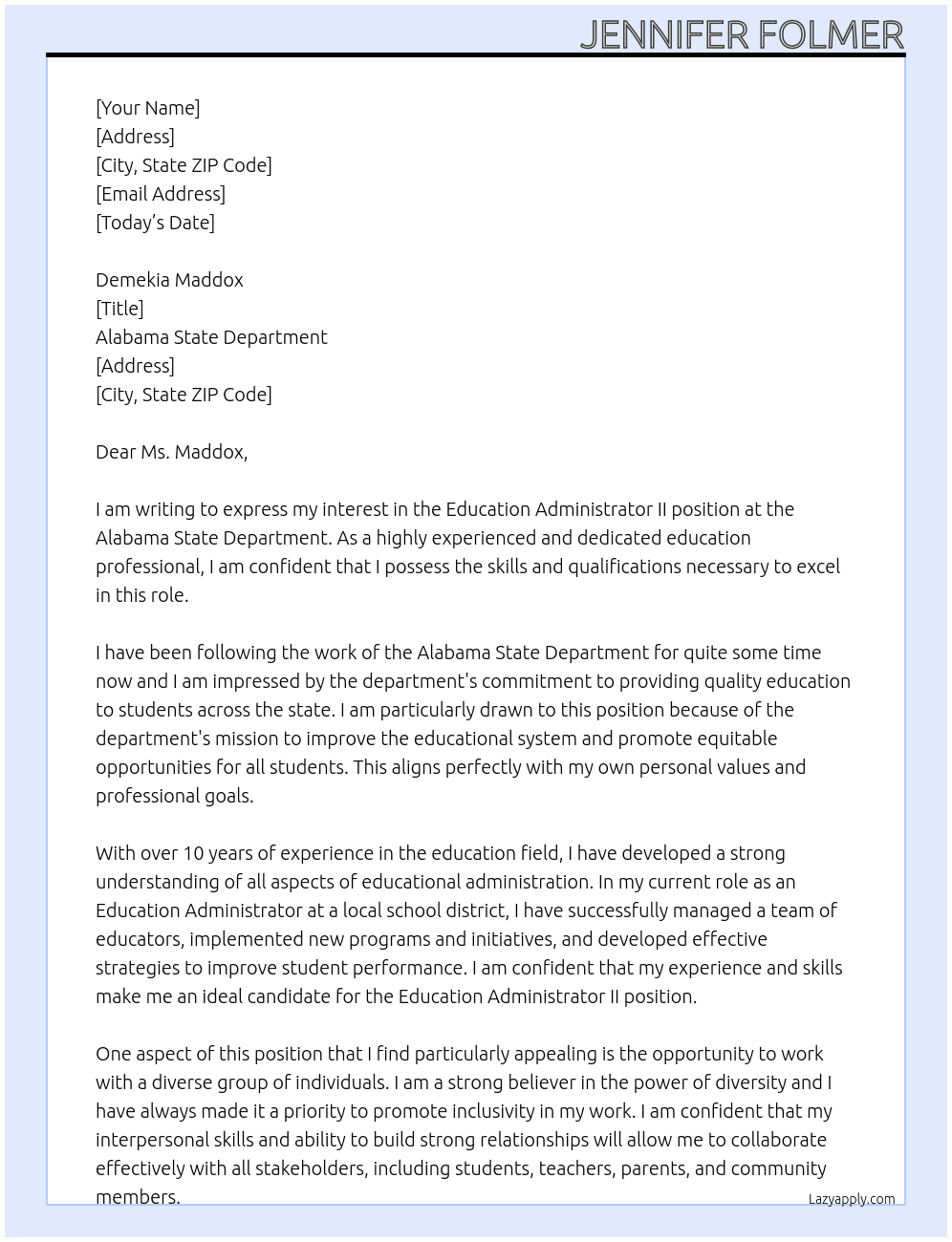 Education Administrator II At Alabama State Department Cover Letter