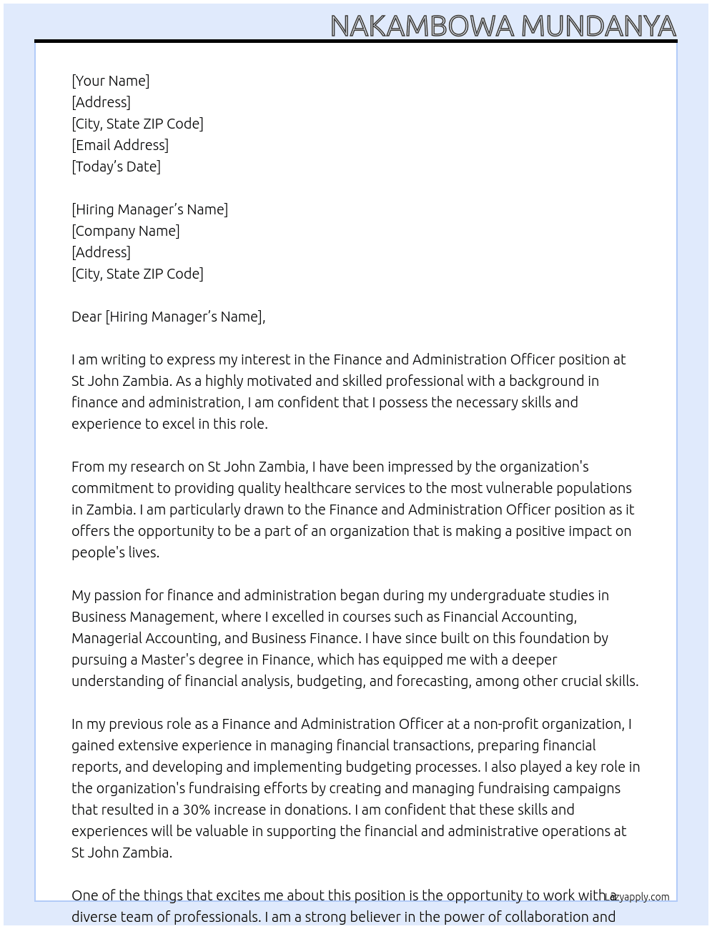 Finance and administration officer At st john zambia Cover Letter