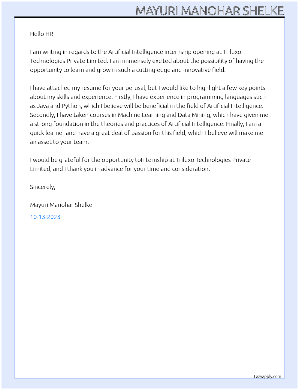 Applying for Artificial Intelligence (AI) internship At Triluxo Technologies Private Limited Cover Letter