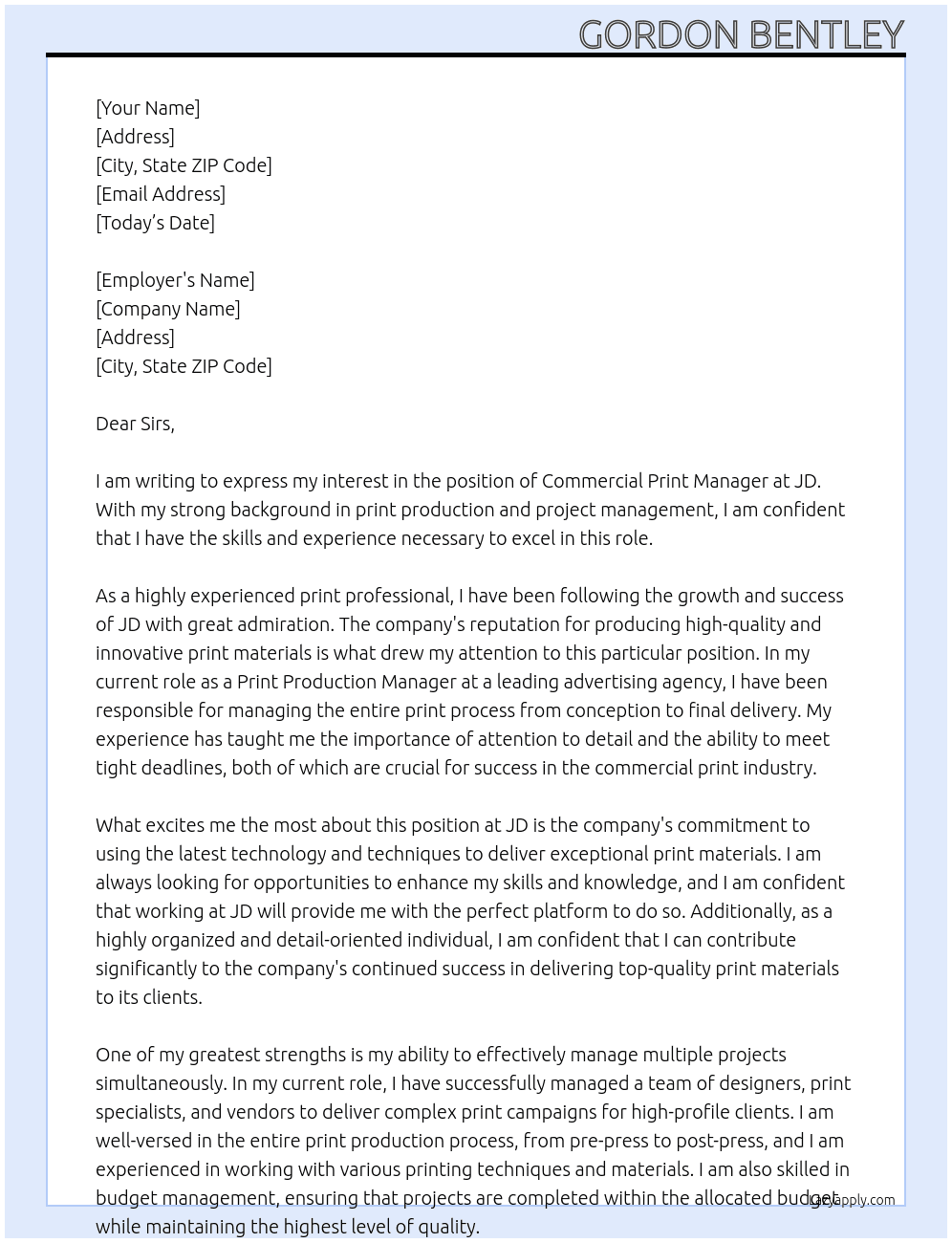 commercial print manager At JD  Cover Letter