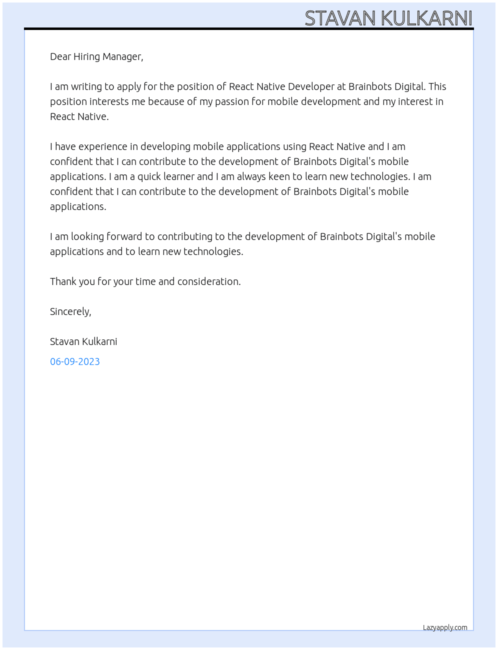 React Native Developer At Brainbots Digital  Cover Letter