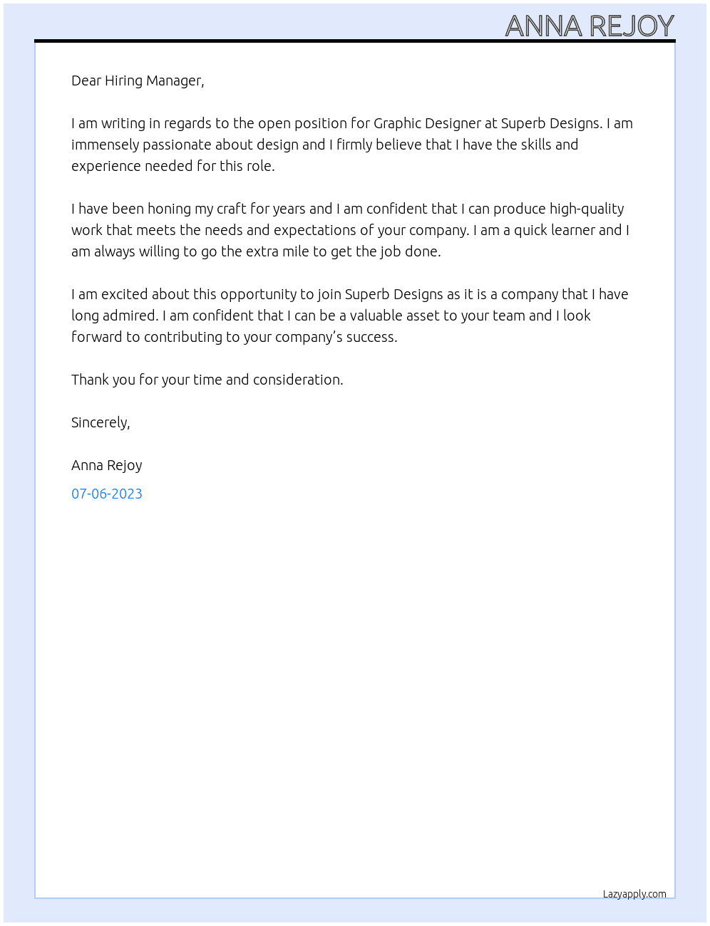 Graphic Designer At Superb Designs Cover Letter