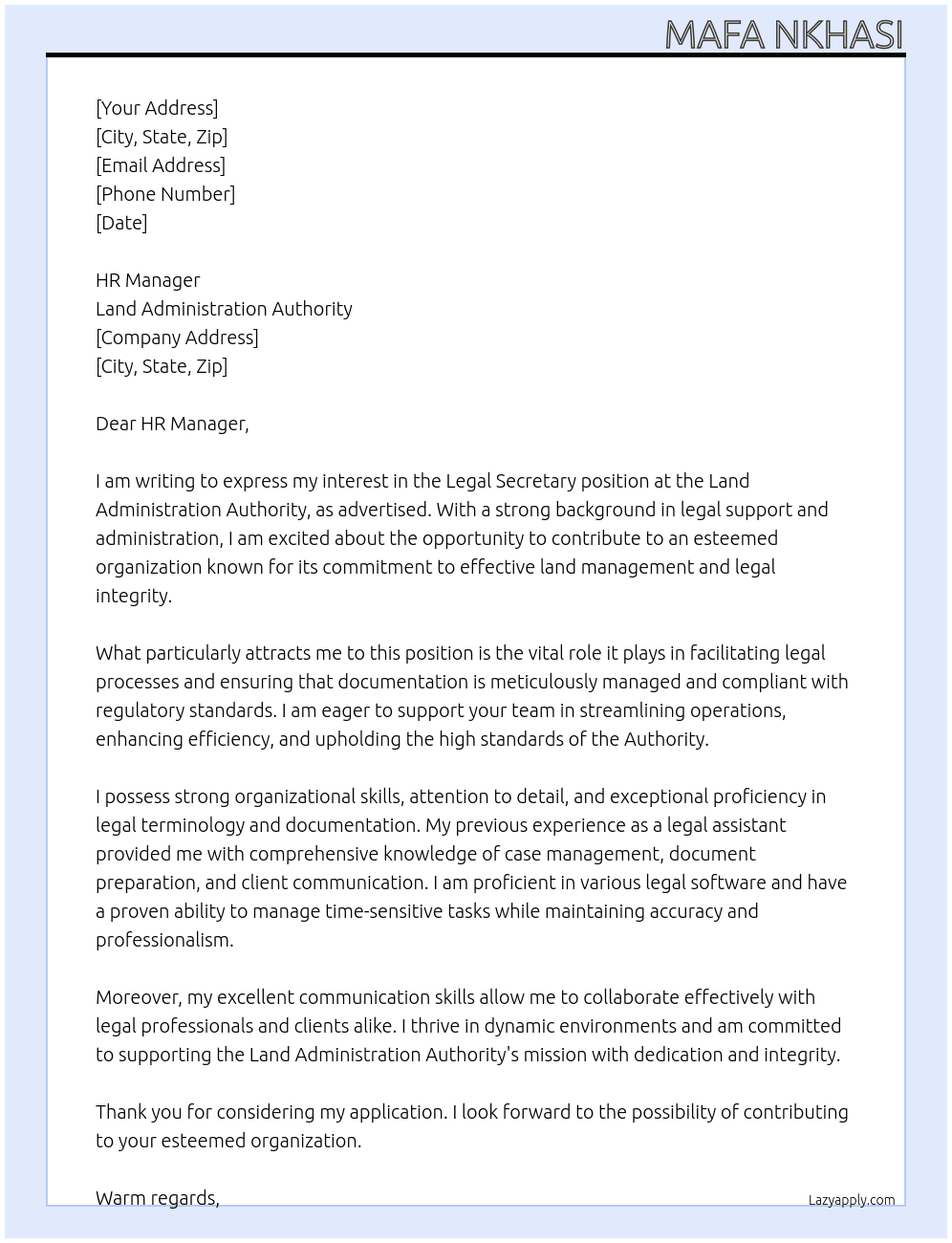 LEGAL SECRETARY At LAND ADMINSTRATION AUTHORITY Cover Letter