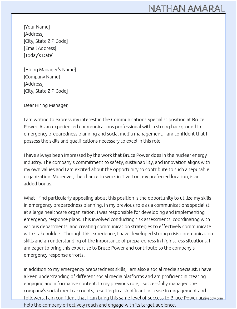 Communications Specialist  At Bruce Power Cover Letter