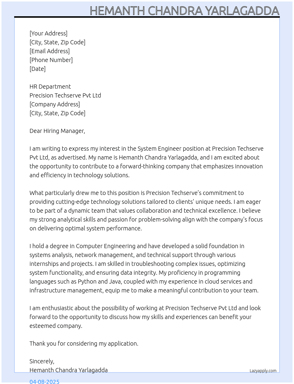 System Engineer  At Precision techserve Pvt Ltd  Cover Letter