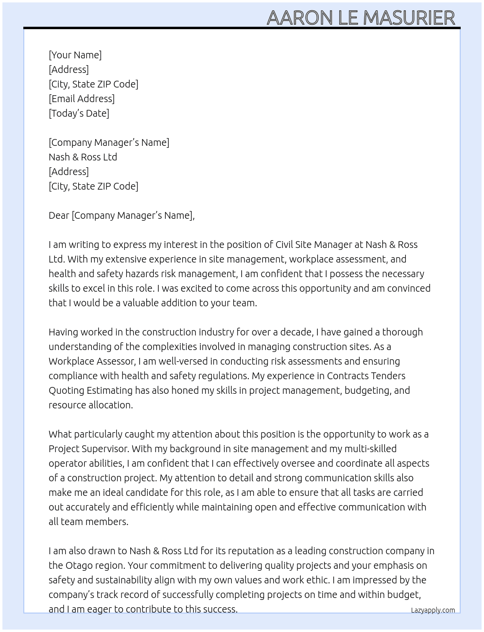Civil site manager  At Nash & Ross Ltd Cover Letter