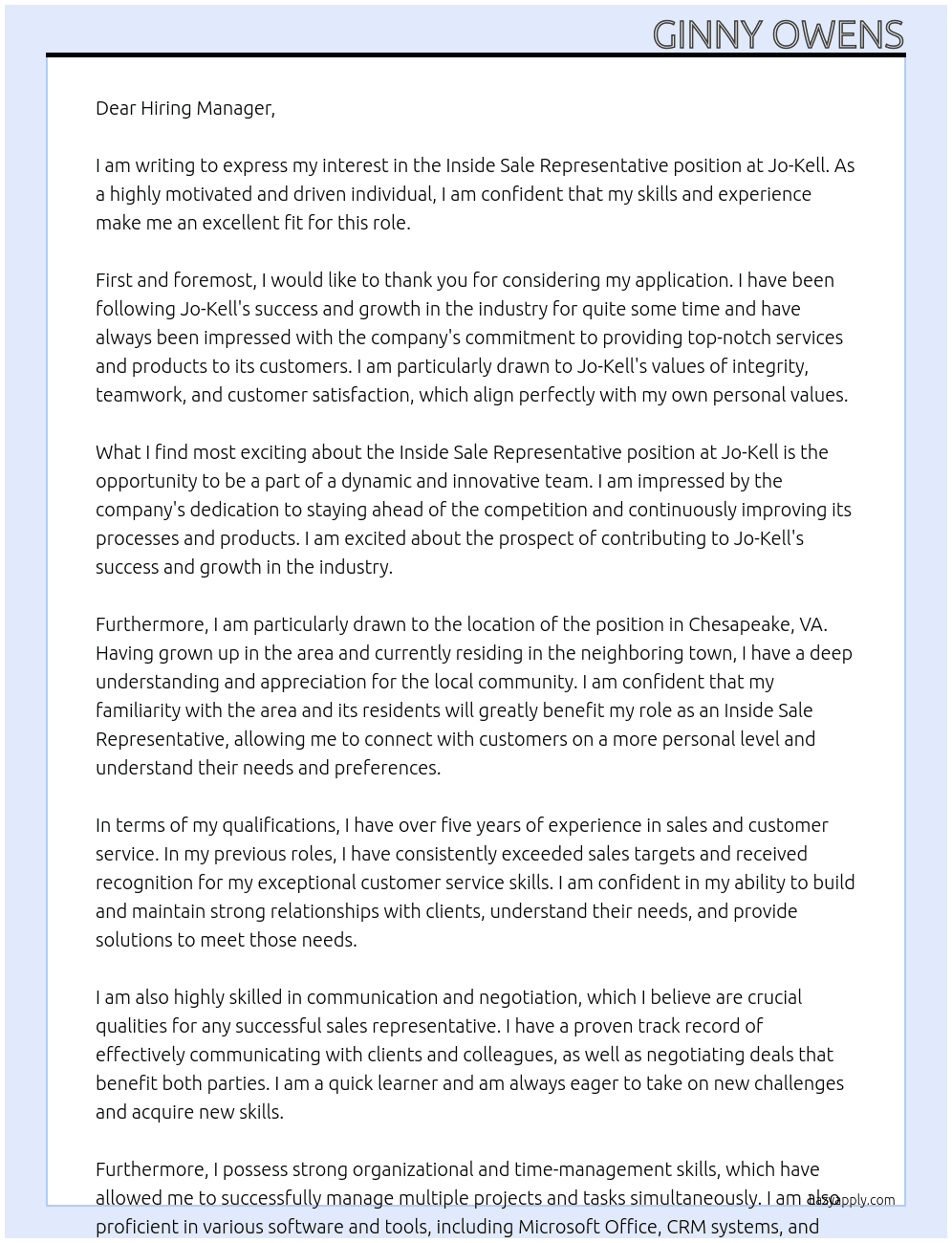 Inside Sale Representative At Jo-Kell Cover Letter