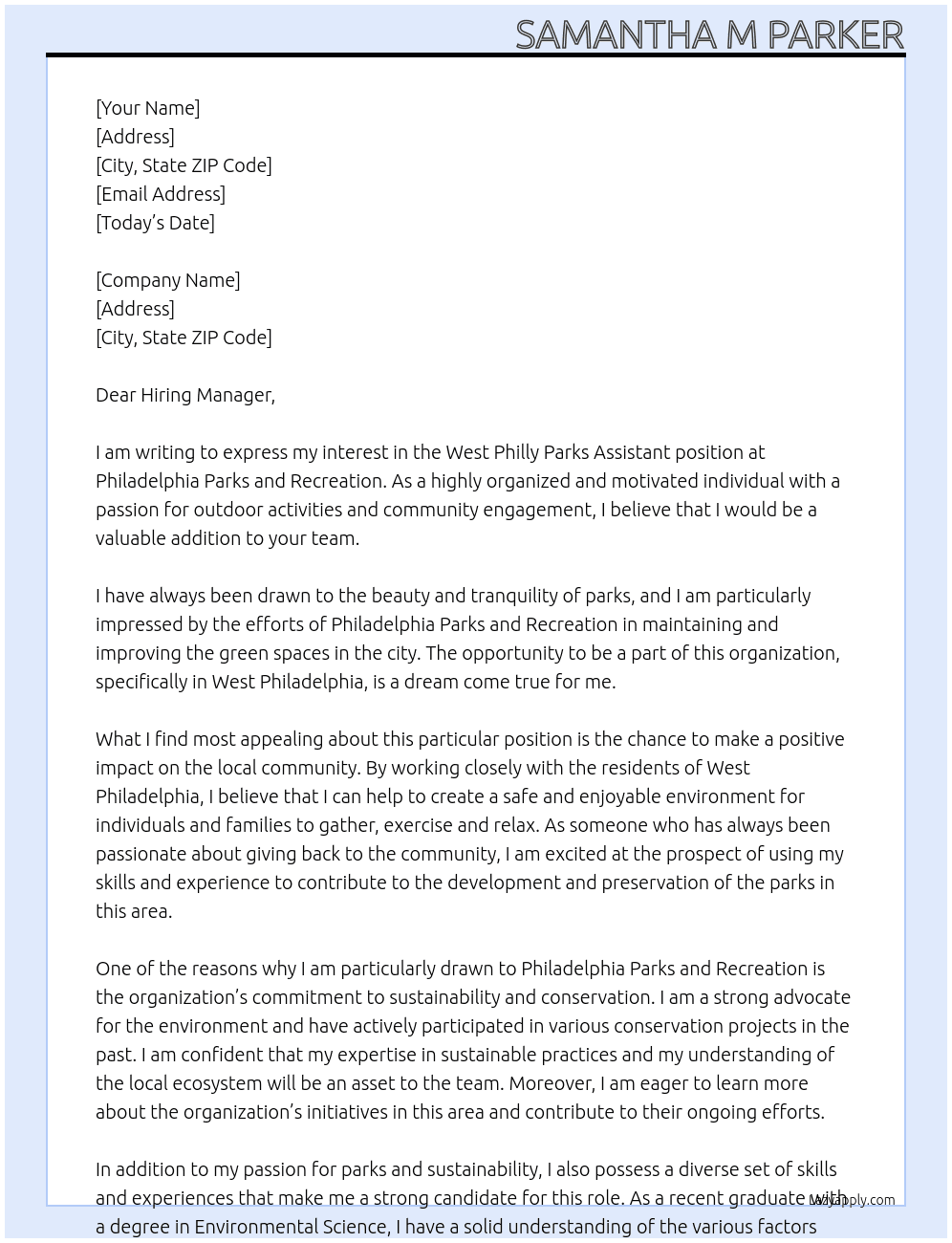 West Philly Parks Assistant At Philadelphia Parks and Recreation  Cover Letter