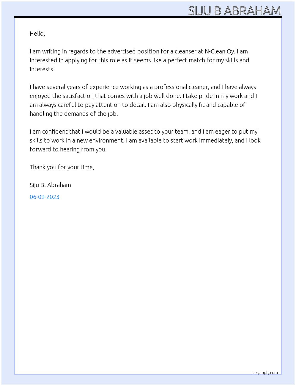 cleanser  At N-Clean Oy Cover Letter