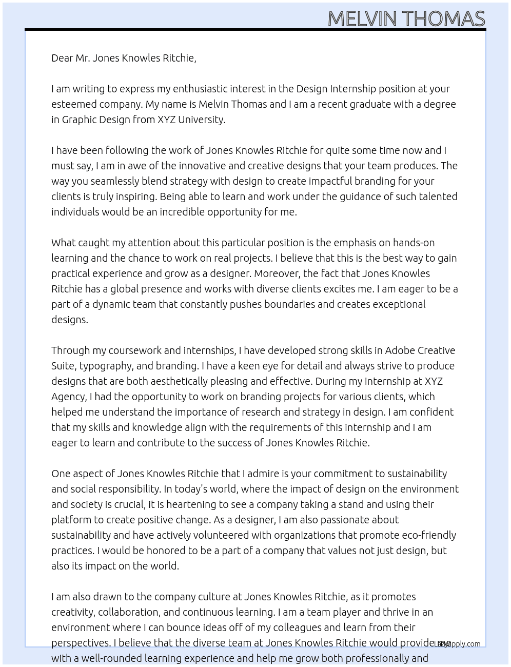 Design Internship At Jones Knowles Ritchie Cover Letter