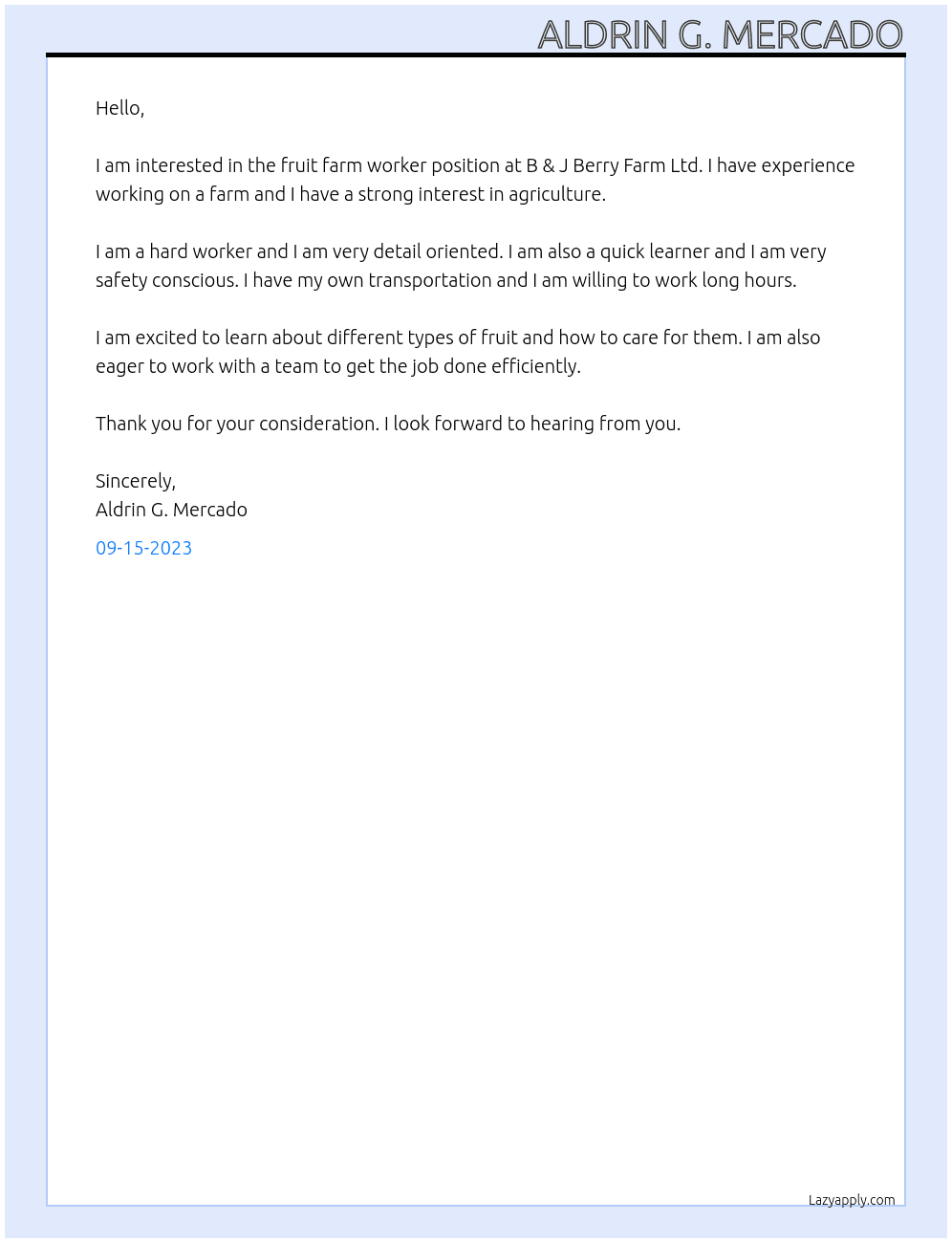 Fruit Farm Worker At B & J Berry Farm Ltd Cover Letter